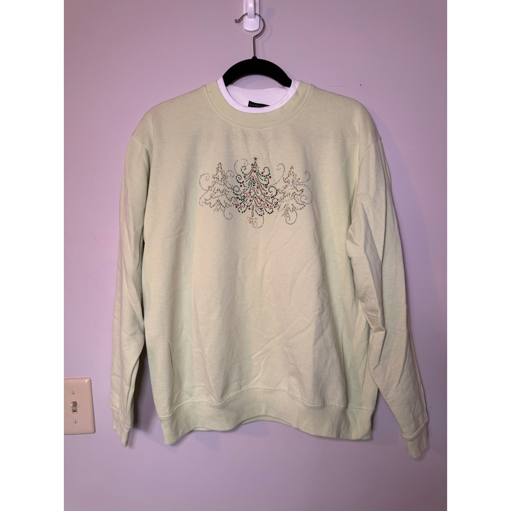 Trillogy by Morning Sun Christmas Tree Rhinestone Sweatshirt Light Lime Grn L